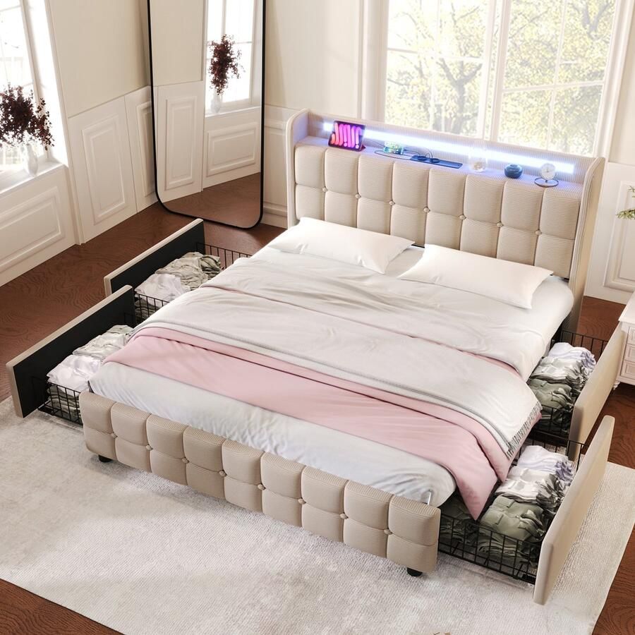 Volwassen bed 140 x 200 cm met ledverlichting 4 lades en USB-aansluiting linnen stof met lattenbodem beige(Matras niet inbegrepen)