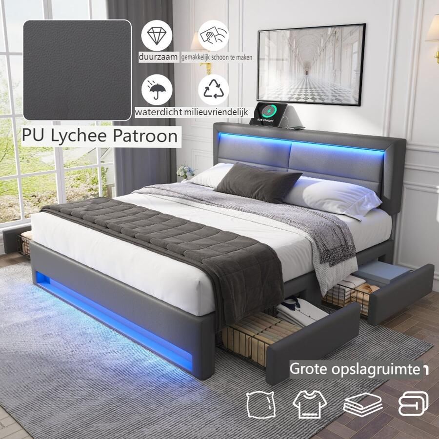 Volwassen bed 140x190 cm met ledverlichting 4 lades en 2 USB-aansluitingen lychee PU-design tweepersoonsbed grijsgrijs(Matras niet inbegrepen)
