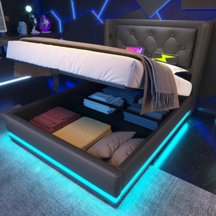 VolwassenenBed 90x200 cm met lattenbodem en gestoffeerd hoofdbord met USB Type-C oplader eenpersoonsbed met opbergruimte en LED-verlichting zwart(Matras niet inbegrepen)