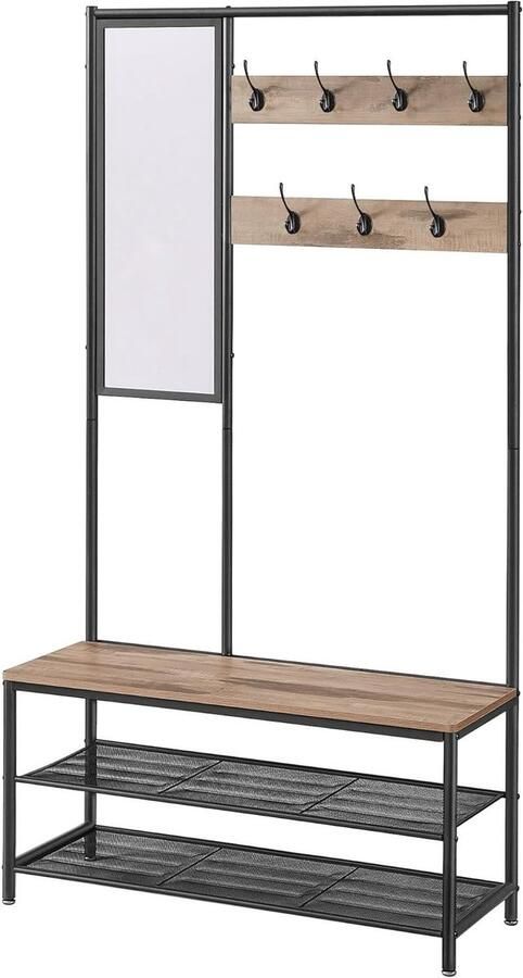 Voorstel titel: Kledingrek kapstok met haken en spiegelbank 35 x 98 x 180 cm industriële stijl kameelbruin inktzwart HSR415K01