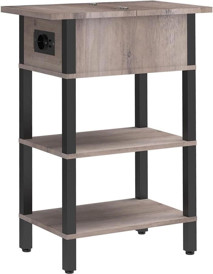 Voorstel voor nieuwe titel: Bijzettafel met laadstation klapdeksel en USB-poorten Antiek grijs en zwart EBG141CBZ01 Ideaal voor kleine ruimtes