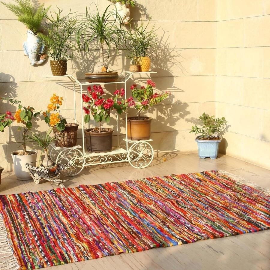 VORLOU Chindi Multicolor Area Rug Living Room Bedroom Tassel Rectangle Indoor Outdoor Rug 1.6 x 90 cm Colorful Handmade Carpet Recycled Reversible Patio Rag Rugs Multicolor Braided vloerkleed