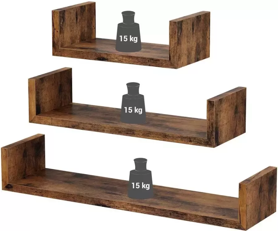 Vormige wandplank set van 3 zwevende plank in vintage stijl wandmontage voor decoraties woonkamer slaapkamer en kantoor houtlook donkerbruin LWS36BX