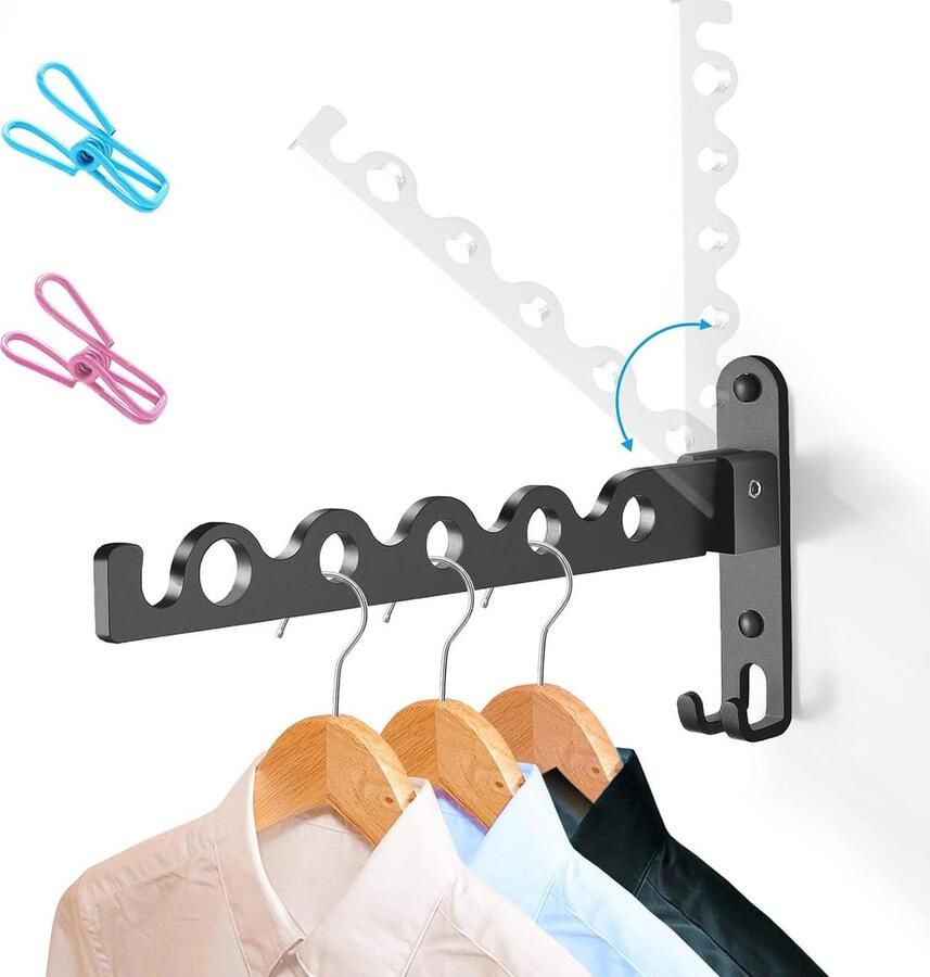 Vouwbaar Kledingrek Wandmontage Ruimtebesparend Muur Hanger Airer Opknoping Rail Wasserij Slaapkamer Badkamer Zwart 1 kledingrek