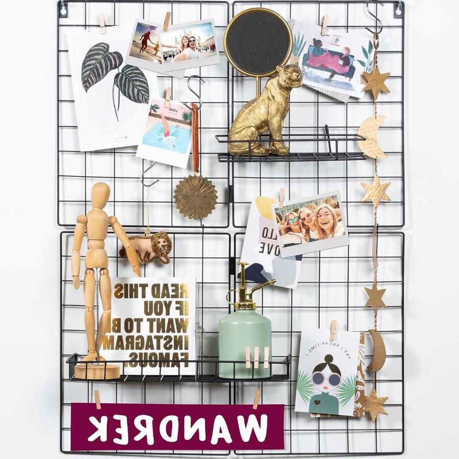 Vouwbaar Metaal Wandrek Set Van 2 Zwart Industrieel Wandrooster Incl. Plankjes S-haken en Knijpers Wandrek