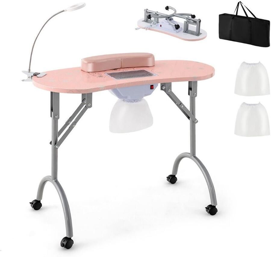 Vouwbare Manicure Tafel – Met Elektrische Stofzuiger Flexibele LED Lamp en Polskussen Roze