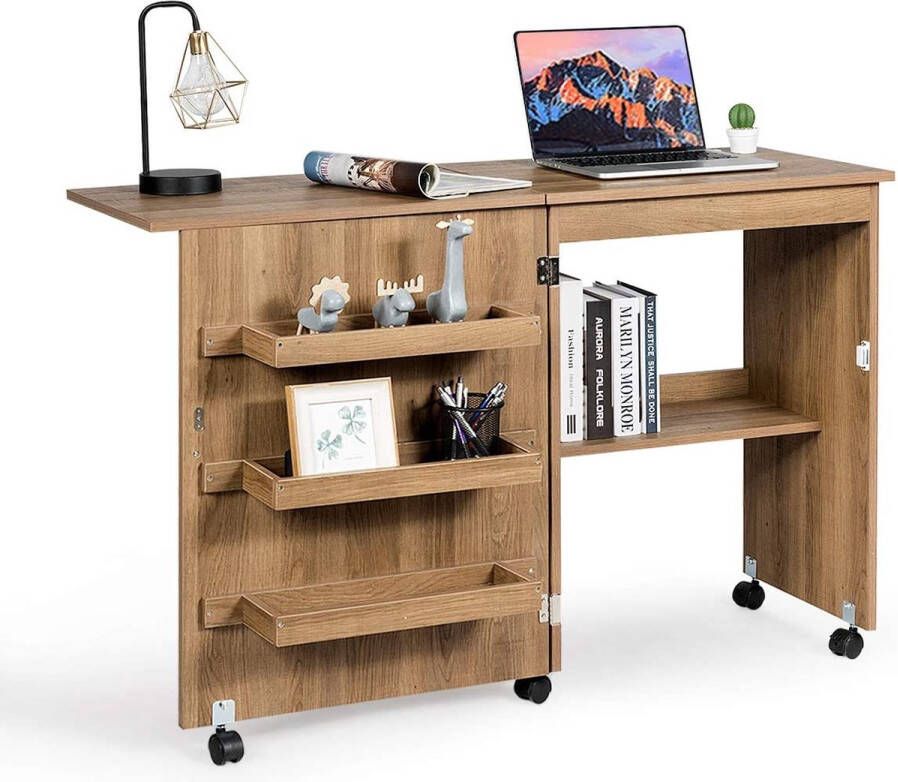 LUXGOODS Vouwbare naaitafel Bureau- naaikarretje met vergrendelbare wielen en opbergrekken vouwbare naaitafel voor appartement kleine ruimtes 117 x 78 x 40 cm (Bruin)