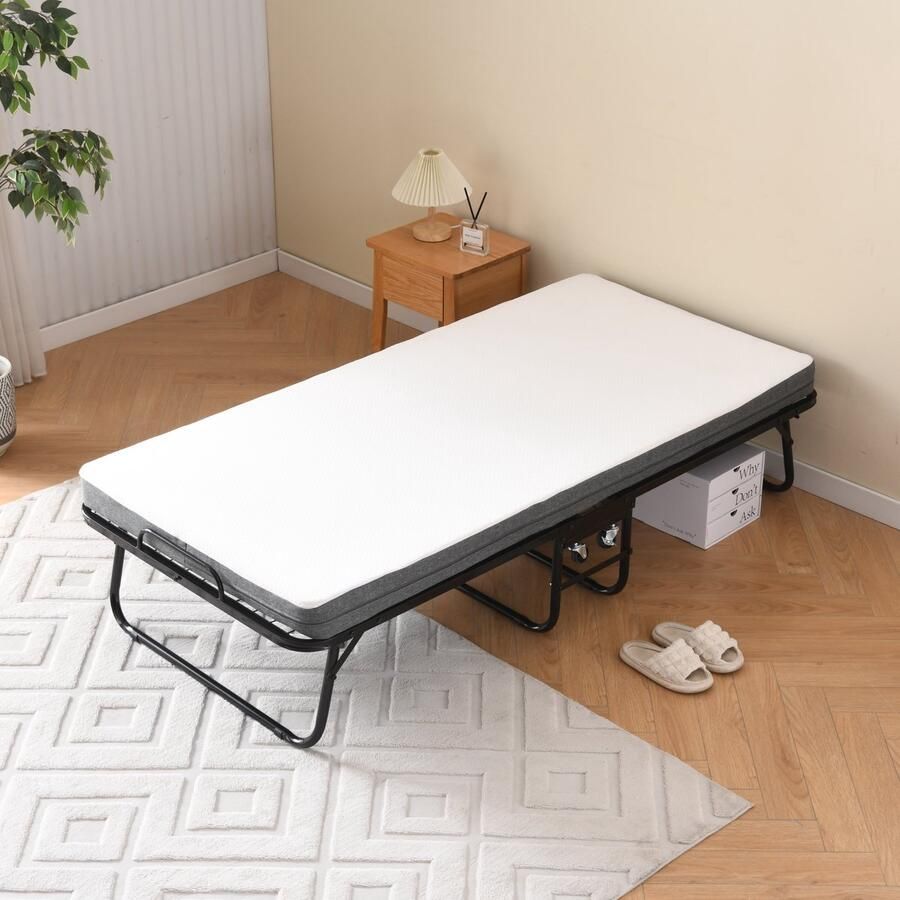 Vouwbed 90x190 cm met 4 rollen opvouwbaar gastbed voor volwassenen met 10 cm traagschuimmatras stofbeschermingsschaalrollen zwart