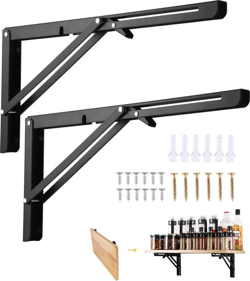 Vouwconsole 400 mm 2 stuks klapconsole zware belasting tafel klapkast klaptafel muur klapplankhouders draagvermogen 70 kg voor ruimtebesparende huis keuken klaptafel wandmontage. Zwart