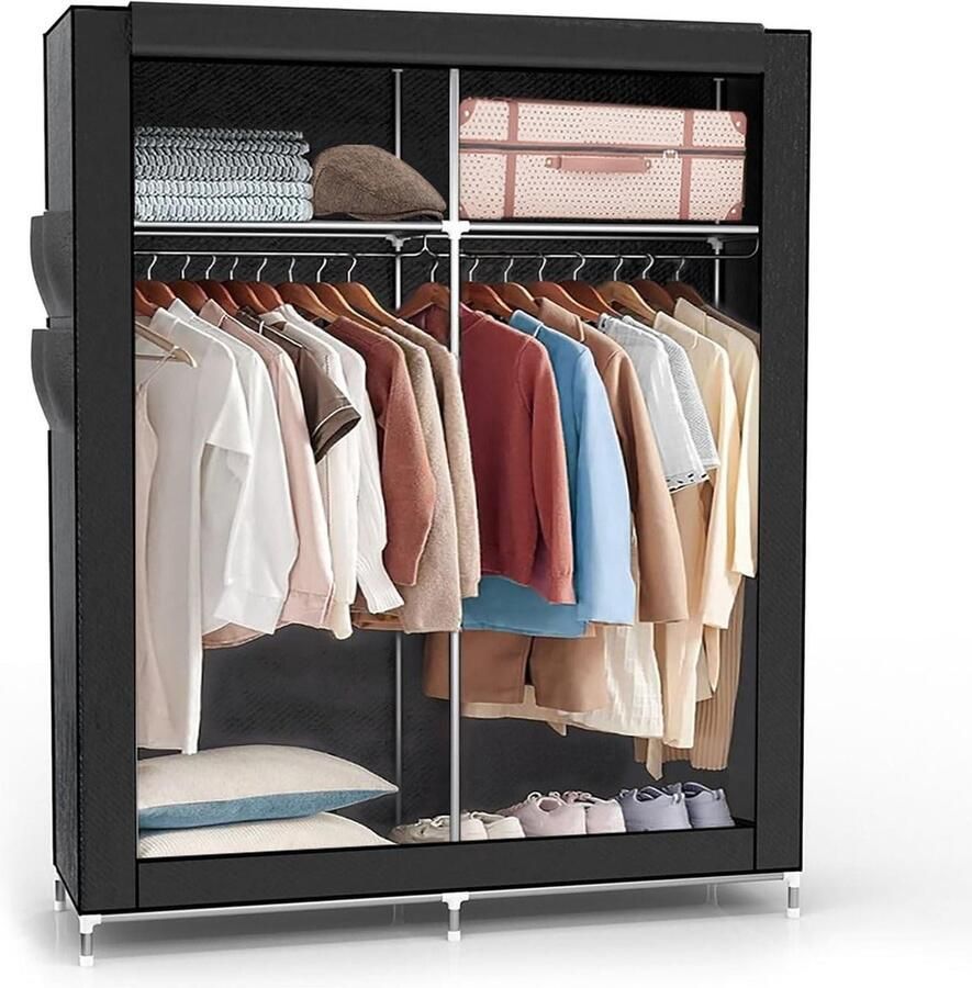 Vouwkast 108 x 170 x 45 cm in raven zwart met ritssluiting stoffen kast kledingkast met kledingstang vakken en zijvak camping steekkast textiel garderobe kledingkast