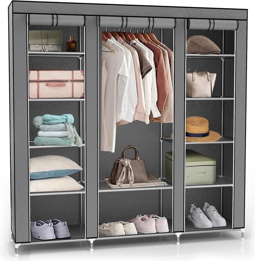 Vouwkast 150 x 175 x 45 cm grijs ritssluiting stoffen kledingkast met kledingstang en vakken camping steekkast textiel garderobe Kledingkast