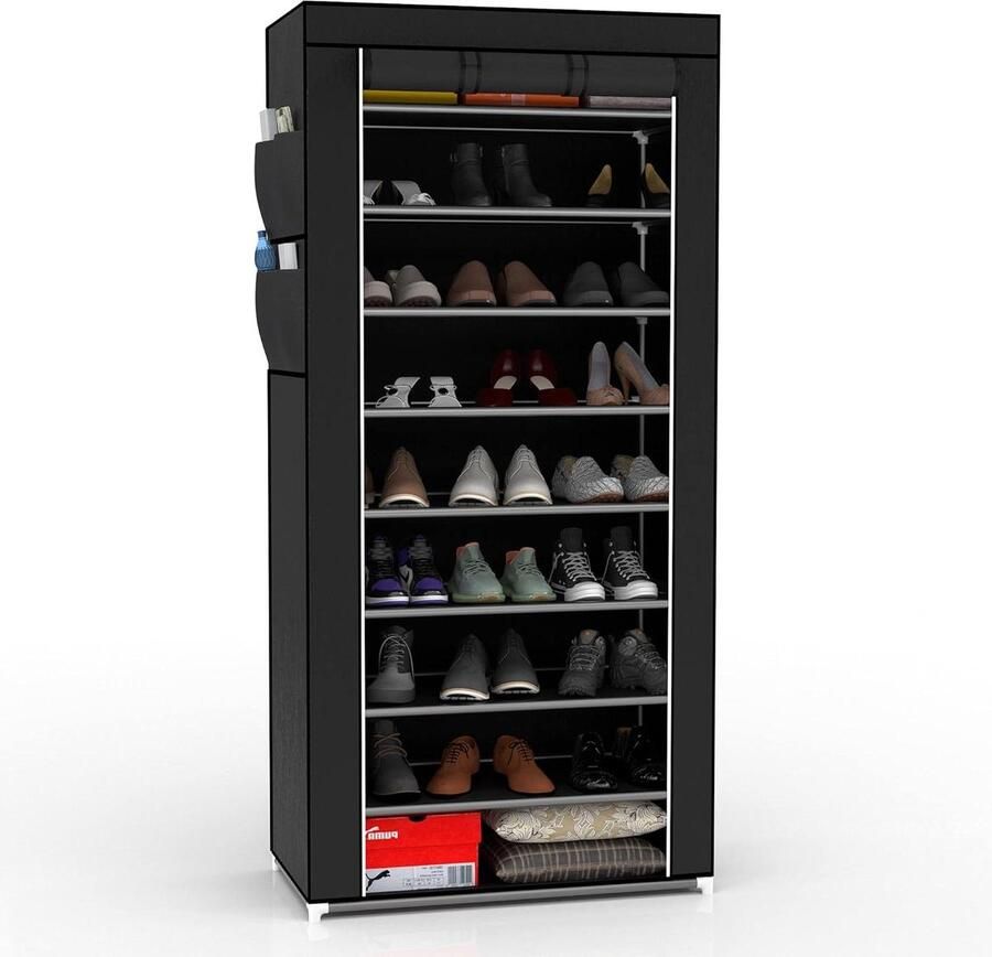 Vouwkast 170 x 58 x 28 cm in raven zwart met ritssluiting stoffen kast kledingkast schoenenrek met 9 opbergvakken camping steekkast textiel garderobe kledingkast