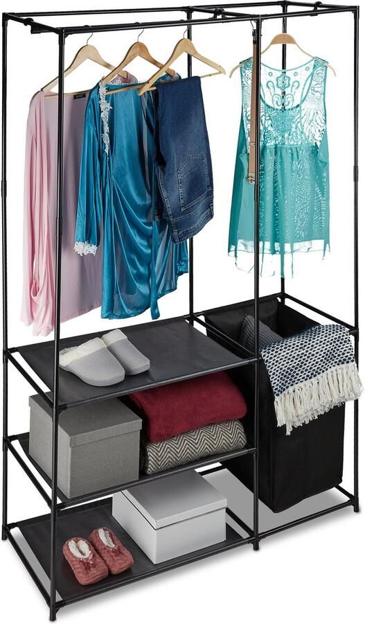 Relaxdays open kledingkast met wasmand vrijstaand kledingrek met planken 180x115x50 cm zwart