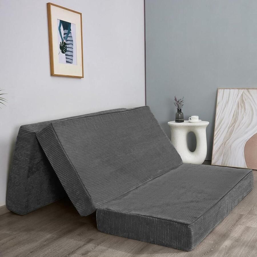 Vouwmatras van ribfluweel 10 cm dik wasbare overtrek drievoudig opvouwbaar antraciet tweepersoonsbed vouwmatras