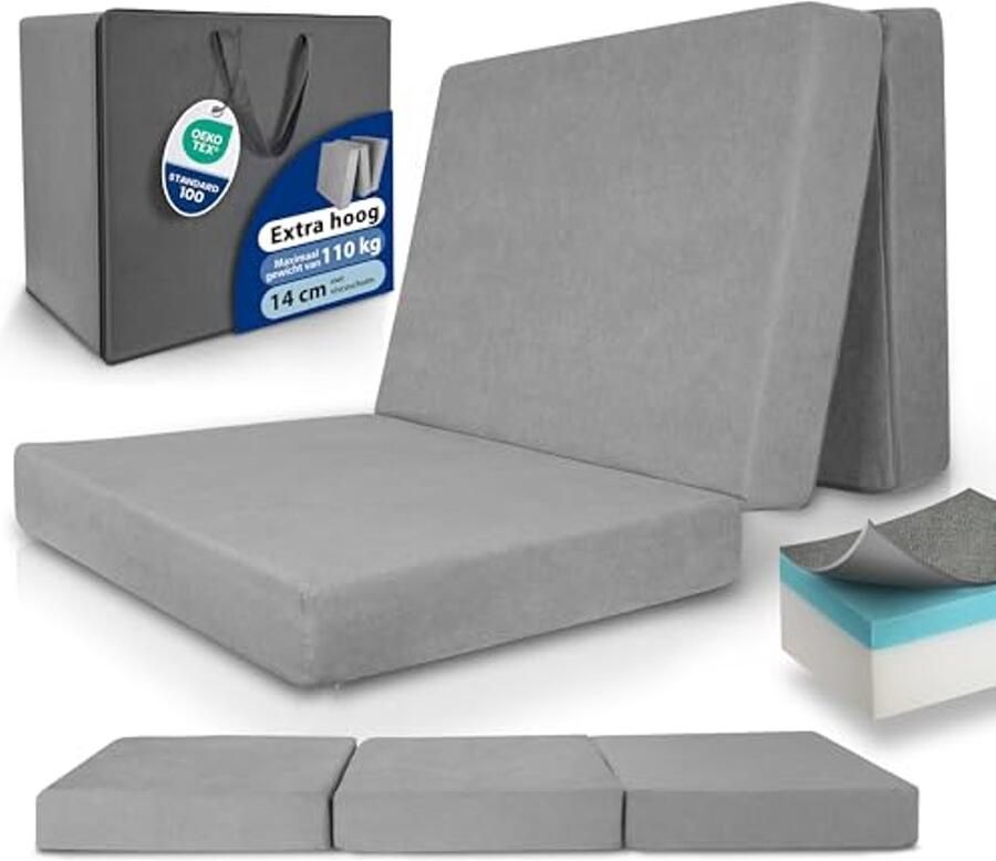 Vouwmatras XL 90x200 cm Dikke 14 cm Geheugenfoam Wasbare Hoes & Gemakkelijke Transporteren Comfortabele Logeermatras