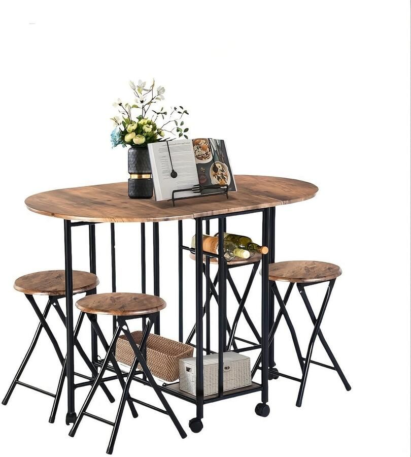 Vouwtafel – Klaptafel – Inklapbare Tafel – Eettafel – Plooitafel – 5-delige Houten Eettafelset – Inklapbaar Met Opbergruimte – Compact Voor Kleine Ruimtes