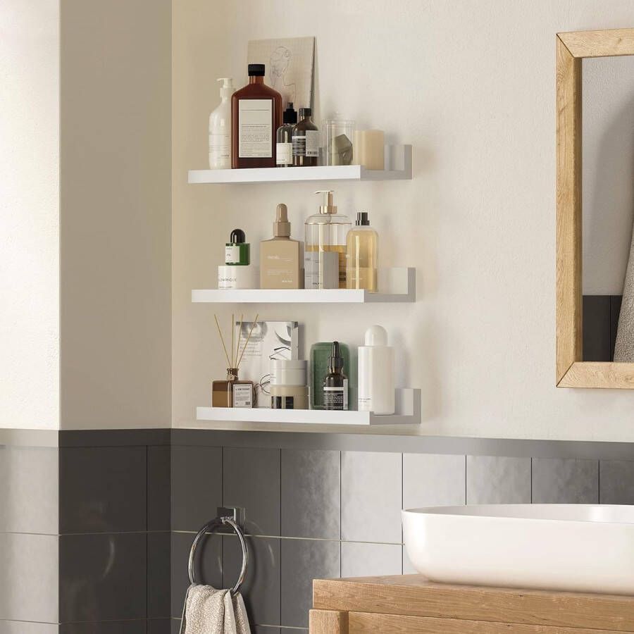 Vrijhangende boekenplanken set van 3 zwevende planken hoogglans oppervlak voor fotolijstjes en boeken 38 x 10 cm moderne planken wit