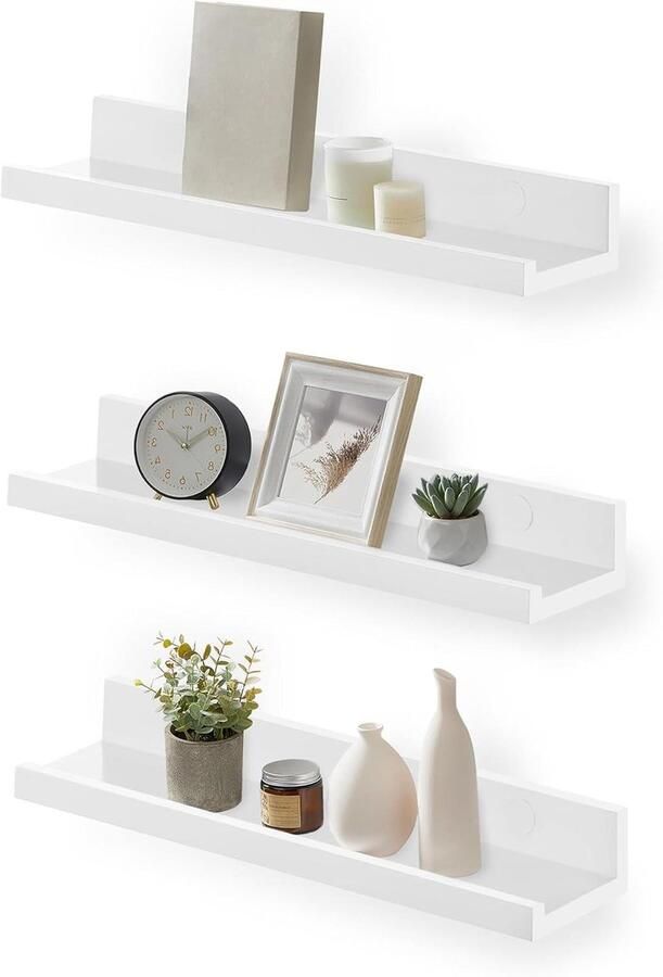 Vrijhangende boekenplanken set van 3 zwevende planken hoogglans oppervlak voor fotolijstjes en boeken 38 x 10 cm moderne planken wit LWS38WT SONGMICS