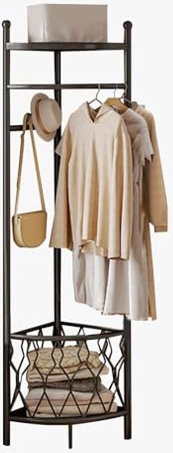 Vrijstaand Hoek Kledingrek met Opbergmand en Haken voor Slaapkamer en Woonkamer