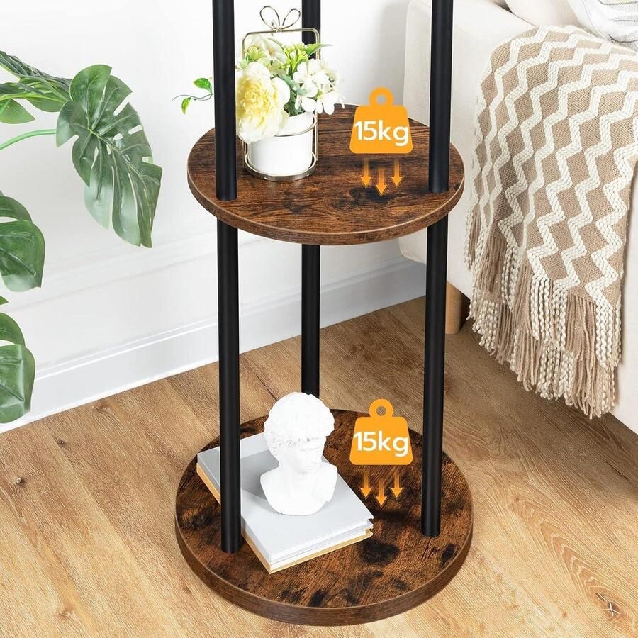 Freestanding Clothes Rack Tree Shape with 8 Hooks 2 Round Shelves Vintage Brown-Black