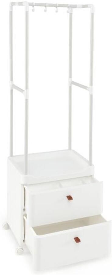 Vrijstaand Kledingrek met 2 Lades Kledingorganizer met Vergrendelbare Wielen en Hangstang (Wit)