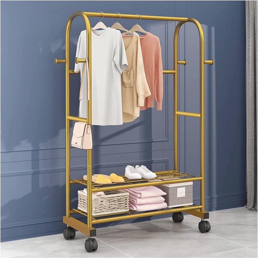 Vrijstaand Kledingrek Met 2 Planken en 4 Haken Perfecte Kledingstang Op Wieltjes Voor Slaapkamer en Dressing
