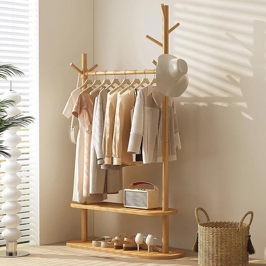 Vrijstaand Kledingrek met 2 Planken Modern Houten Kapstok Voor Woonkamer Slaapkamer & Kledingwinkels