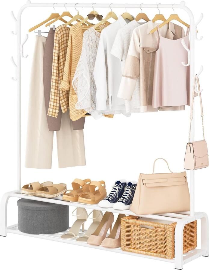 Vrijstaand Kledingrek met Bovenstang en Onderste Opbergruimte 6 Haken en 2 Legplanken Wit