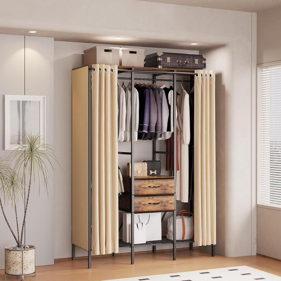 Vrijstaand Kledingrek Met Gordijn Kleding Organizer Opbergsysteem Open Kledingkast Zwart Open Kleerkast Zonder Deuren Garderobekast 149.5 x 50 x 214 cm (L x B x H)