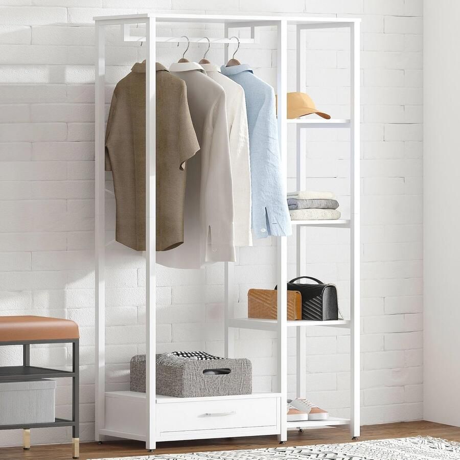 Vrijstaand Kledingrek met Opbergplanken en Lade 3-in-1 Houten Kledingstandaard voor Slaapkamer en Woonkamer