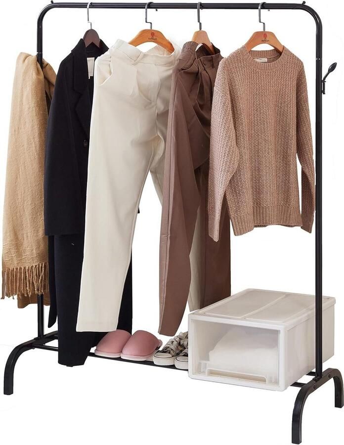 Vrijstaande kledingrek met plank en 2 haken Multifunctioneel kledingrek zwart met kledingstang Stabiel en metaal Slaapkamer kledingrek
