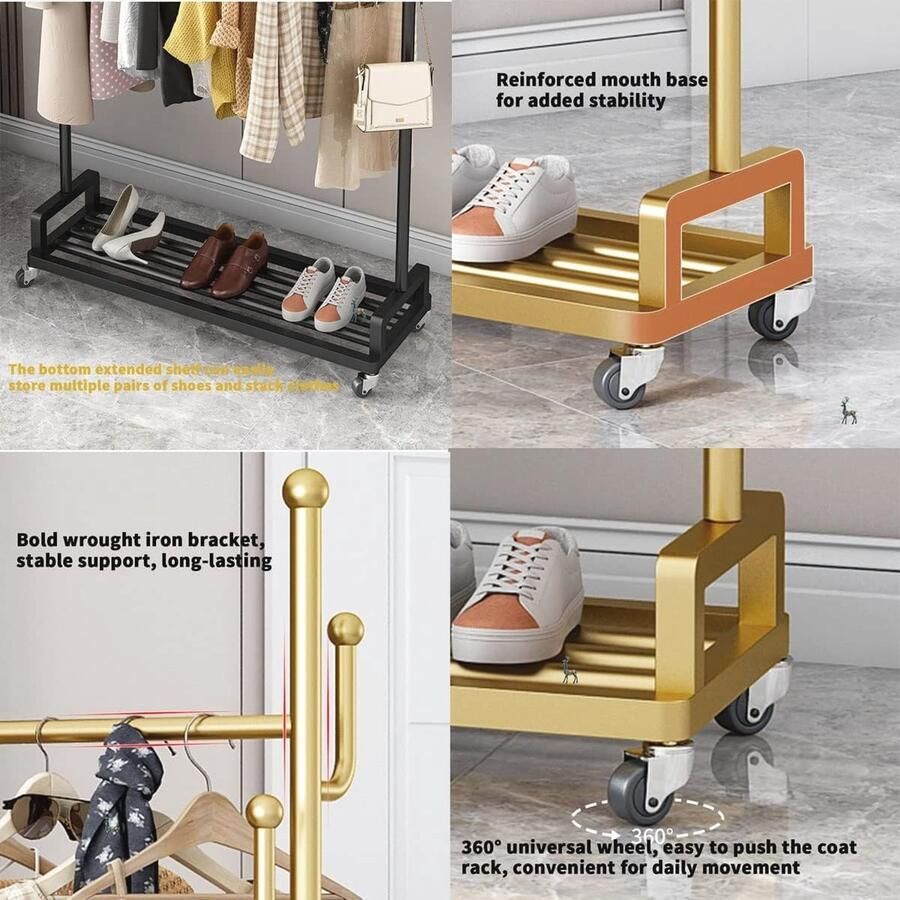 Vrijstaand Kledingrek met Wielen en Zijhaken Geschikt voor Kleine Ruimtes Kleur Zwart of Goud