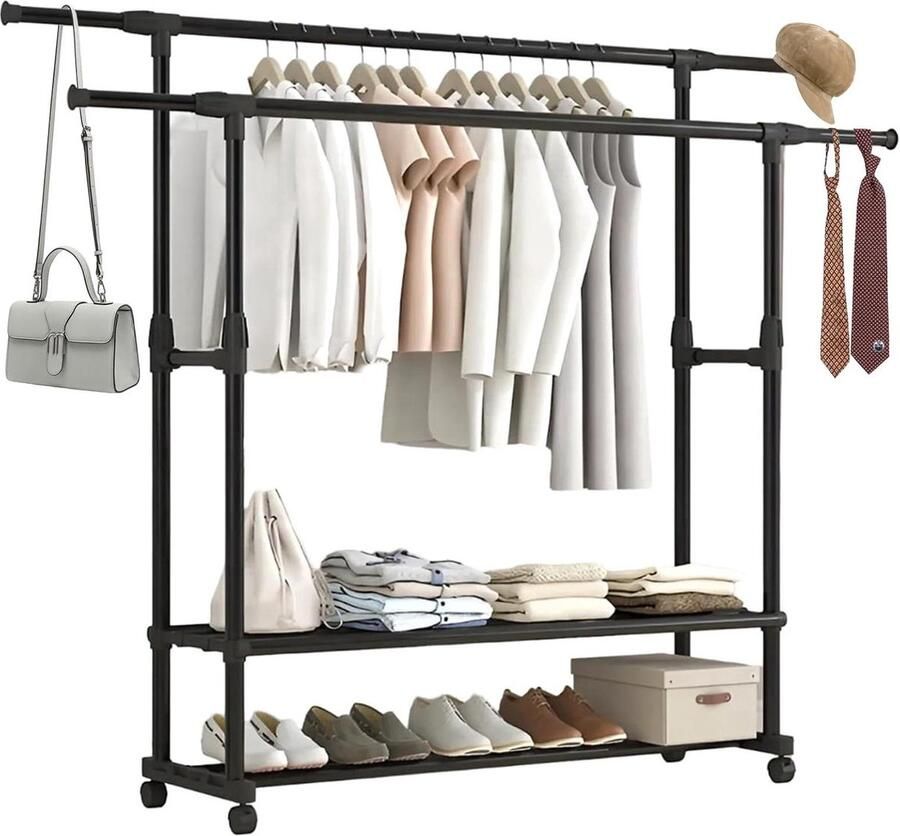 Vrijstaand kledingrek met wielen multifunctioneel 2 lagen metal
