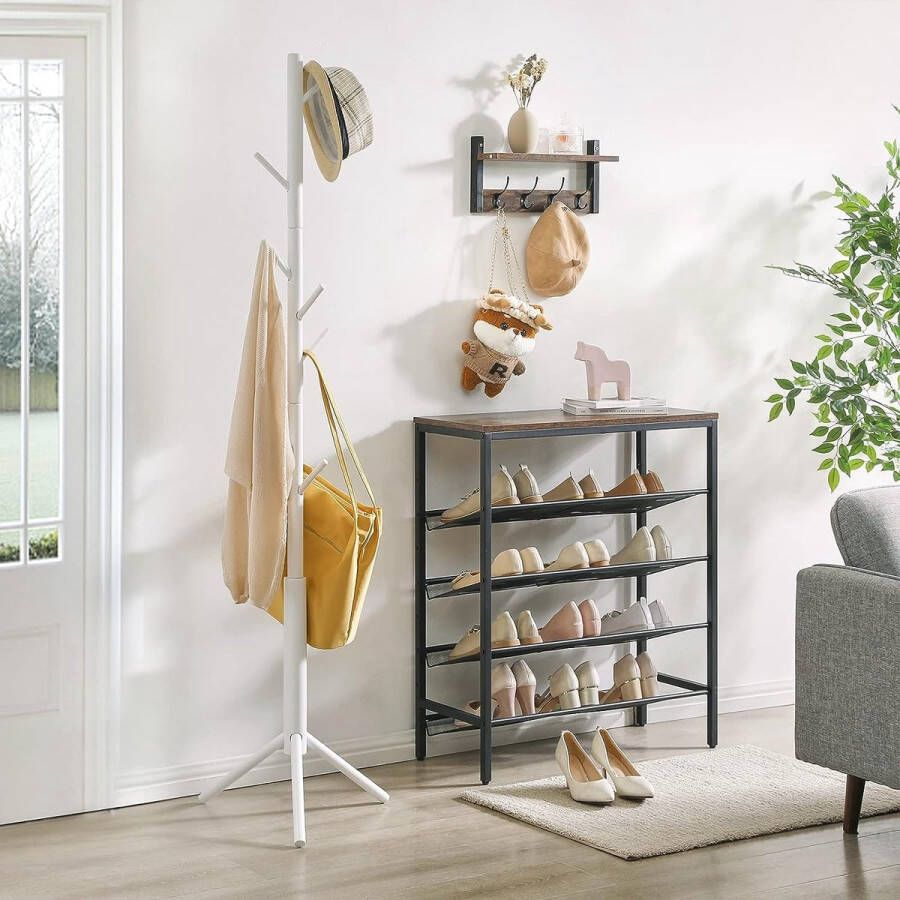 Vrijstaand kledingrek rubberhout 8 haken voor kleding tassen hoeden woonkamer entree wit