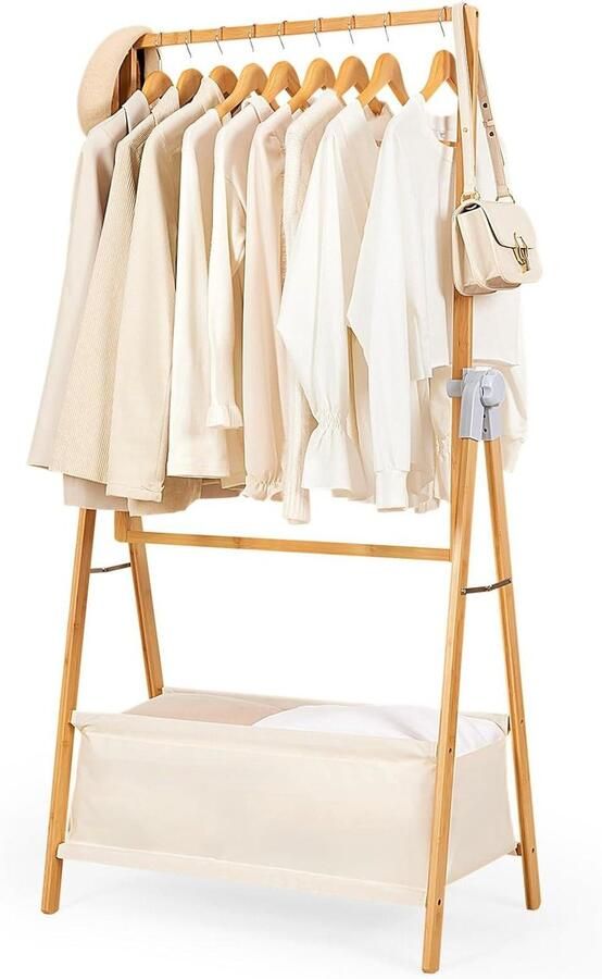 Vrijstaand Kledingrek van Bamboe met Opbergkist en Stoffen Zakken Opvouwbare Kledingkast 80 x 45 x 177 cm