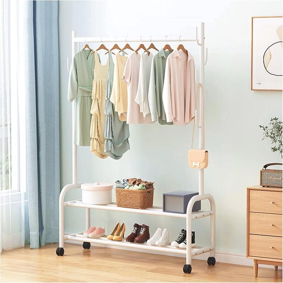 Vrijstaand Metalen Kledingrek met Opbergplank en Haken voor Kleding en Schoenen 60 cm