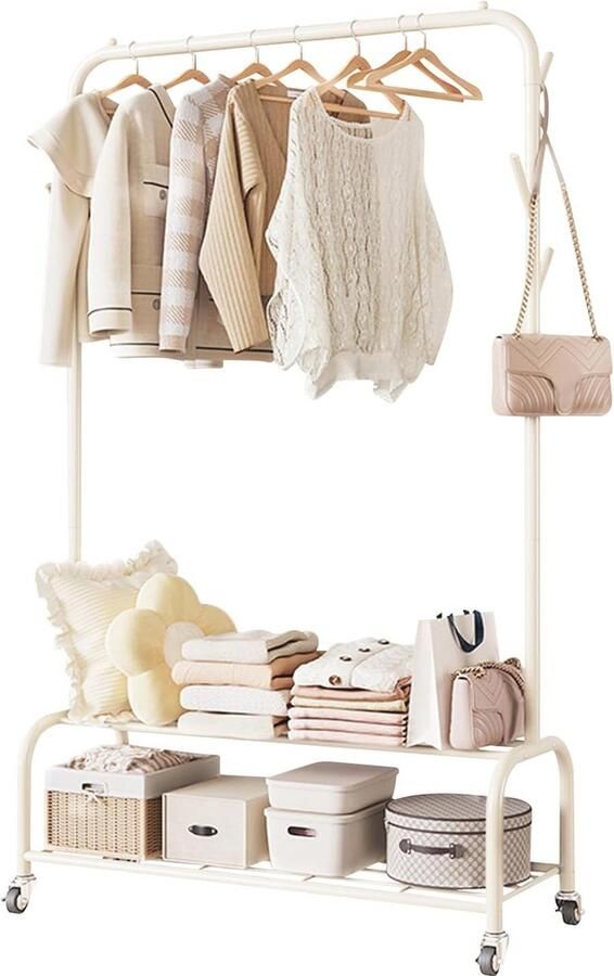 Vrijstaand Metalen Kledingrek met Opbergplank en Katrol Multifunctionele Droogrek voor Kleding Tassen en Hoeden