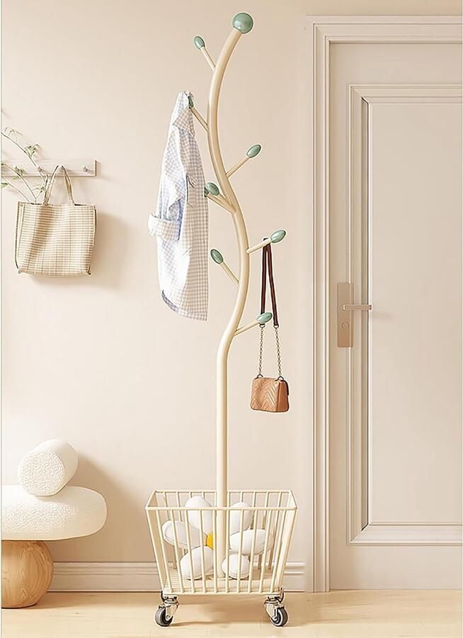 Vrijstaand metalen kledingrek met wielen voor jassen hoeden en tassen inclusief opbergmand (30 x 173 cm)