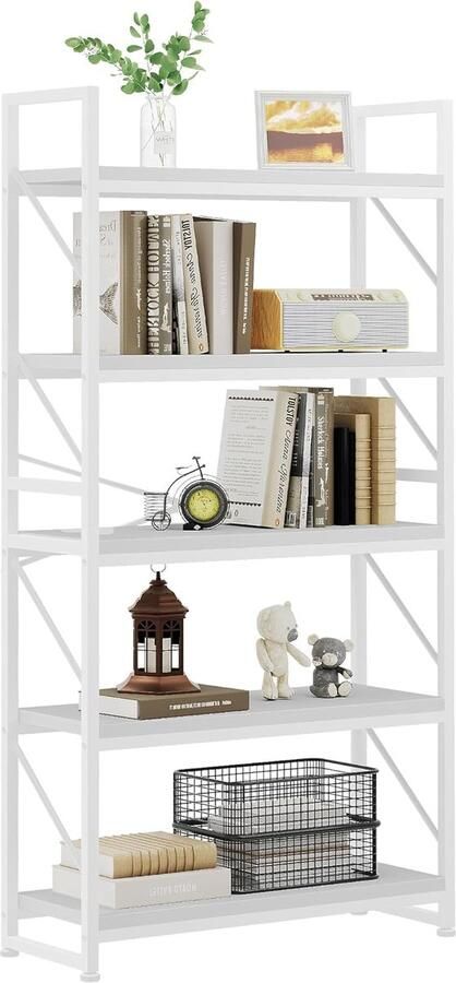 Vrijstaande Boekenkast met 5 Niveaus – Industrieel Design Hout & Metaal Zuiver Wit