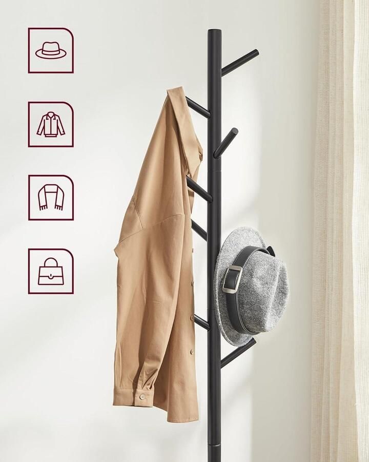 Vrijstaande boomvormige kapstok van massief hout met 8 haken Zwart Voor kleding hoeden tassen gang entree kledingrek