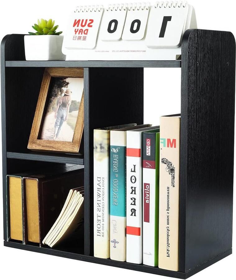 Vrijstaande Desktop Boekenplank Boekenkast Organiser Hout Zwart met Foto Display