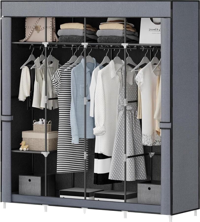 Vrijstaande garderobe met kledingrekken en stoffen planken 3 kledingstangen en 9 vakken zwart EWC31899GY Kledingkast