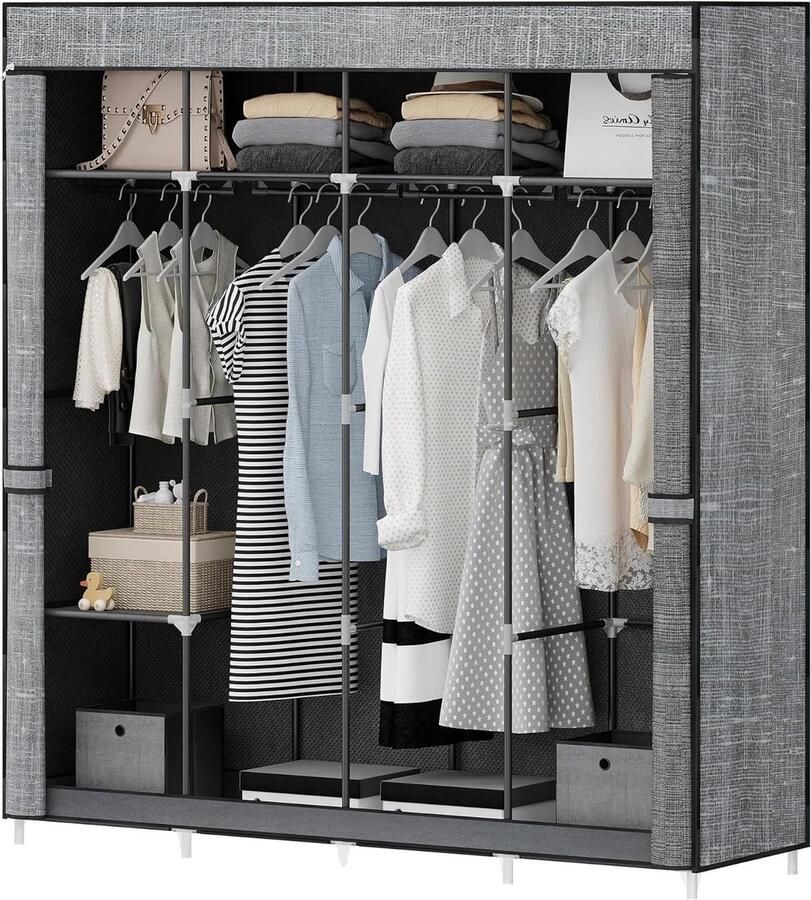 Vrijstaande Garderobe met Kledingstangen en Stoffen Planken 3 Kledingstangen 9 Vakken Zwart EWC31899WG Kledingkast