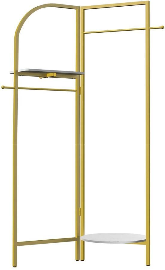 Vrijstaande Gouden Kapstok met Plank Industrieel Kledingrek met Marmertextuur 2 Tiers Stabiele Metalen Constructie