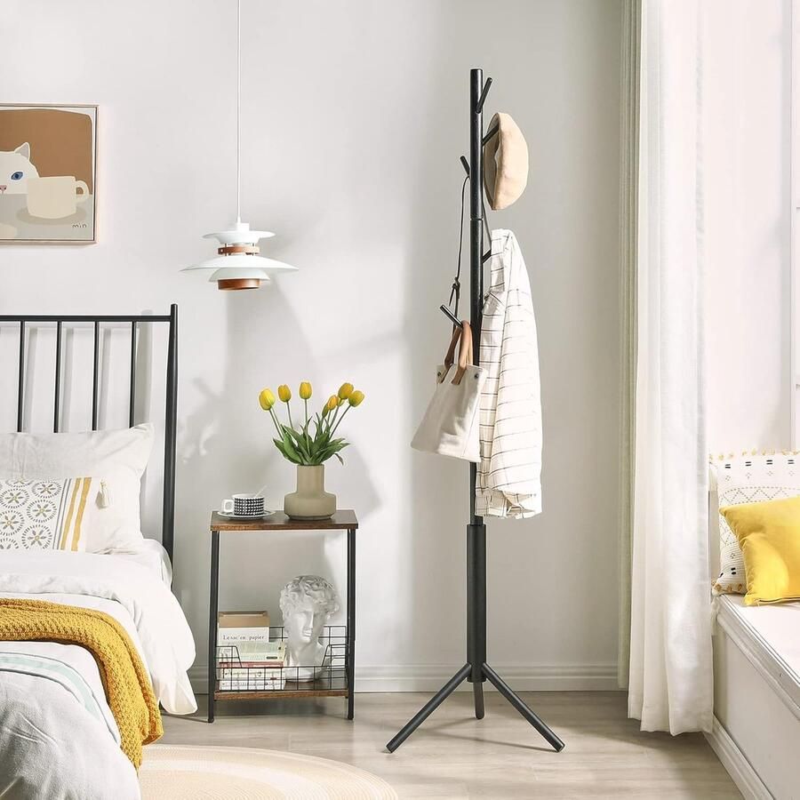 Coat rack freestanding wooden coat rack with 8 hooks adjustable hall tree for entrance living room hallway bedroom clothes hanger for hats handbags clothes wallet umbrella black