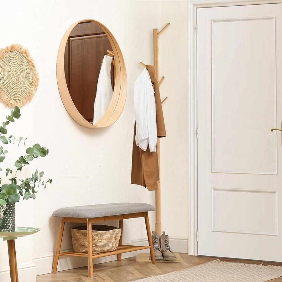 Vrijstaande houten kapstok in boomvorm met 8 haken verstelbare hoogtes en stabiele antislip basis – natuurlijk (1 stuk)