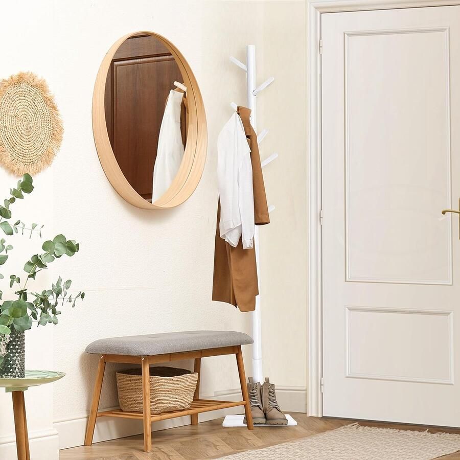 Vrijstaande houten kapstok in boomvorm met 8 haken verstelbare hoogtes en stabiele antislip basis – wit (1 stuk)