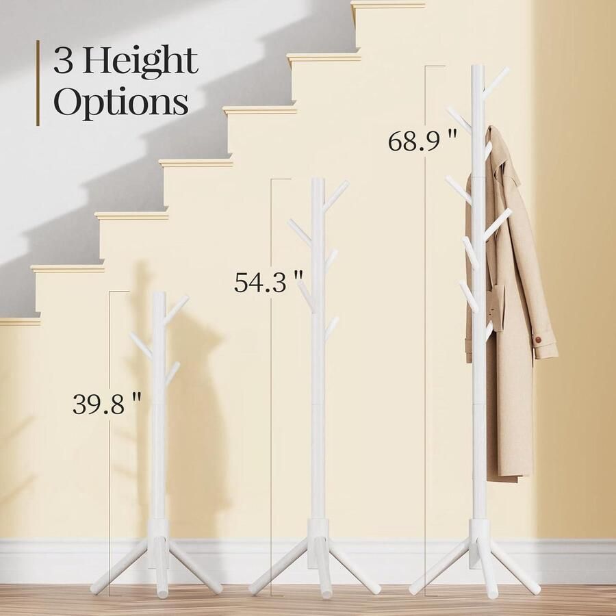 Vrijstaande houten kapstok met 3 verstelbare maten 8 haken voor hoeden stevige kapstok voor slaapkamer kantoor gang witnik
