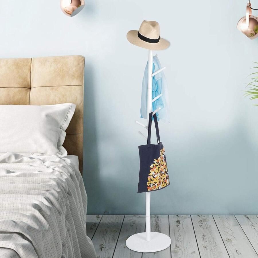 Vrijstaande houten kapstok met boomvorm 8 haken Afgeronde uiteinden Ronde voet Voor gang en kantoor Kapstok voor kleding hoeden tassen woonkamer 30 kg(wit)