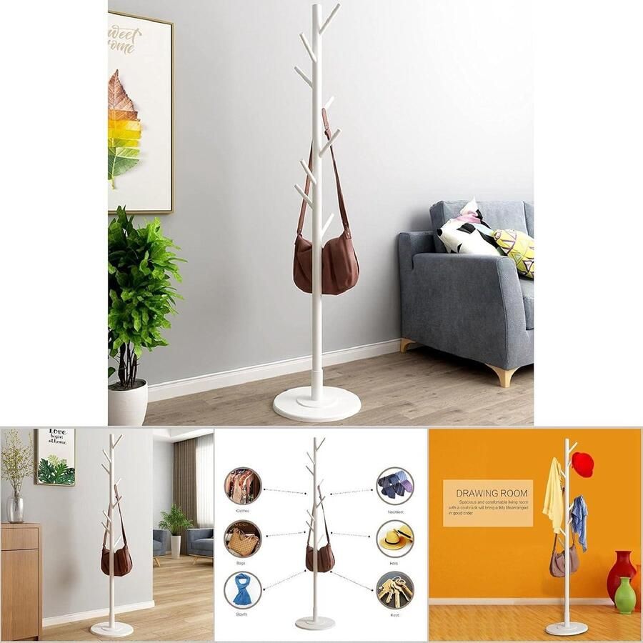 Vrijstaande houten kapstok met ronde basis Entree hal boom jas boom Houten kleerhanger voor huiskleding Kantoor Wit